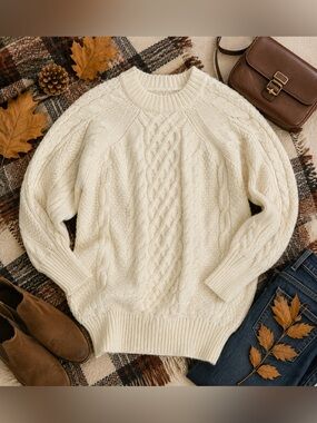 Anrabess Cream Cable Knit Oversized Sweater Women’s M Cozy Chunky Pullover